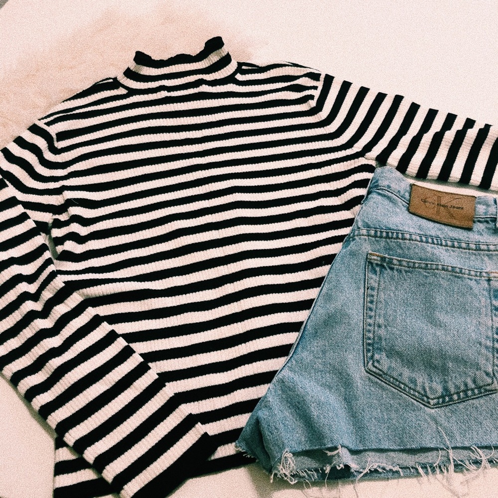 Vintage Striped Turtleneck Long Sleeve Top